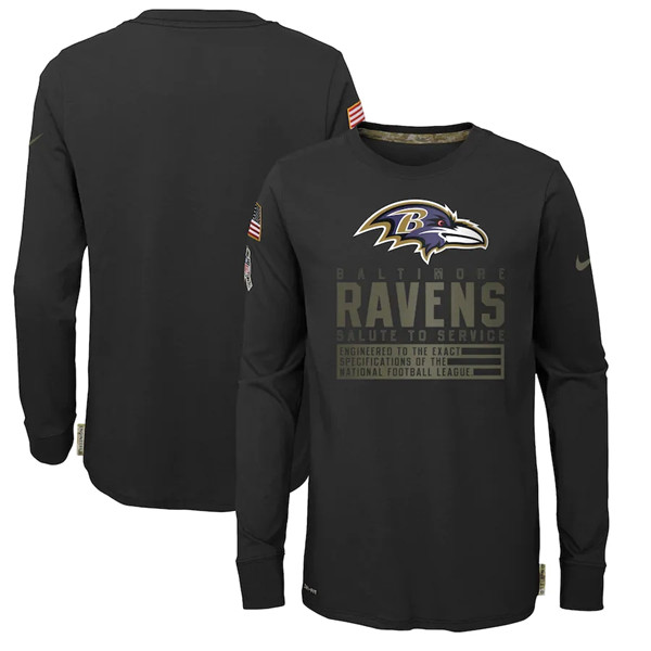Youth Baltimore Ravens 2020 Black Salute To Service Sideline Performance Long Sleeve T-Shirt